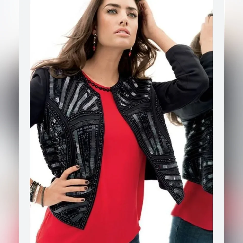 CACHE Embellished Sequin & Beads Evening Dress Black Jacket Medium - Picture 2 of 16